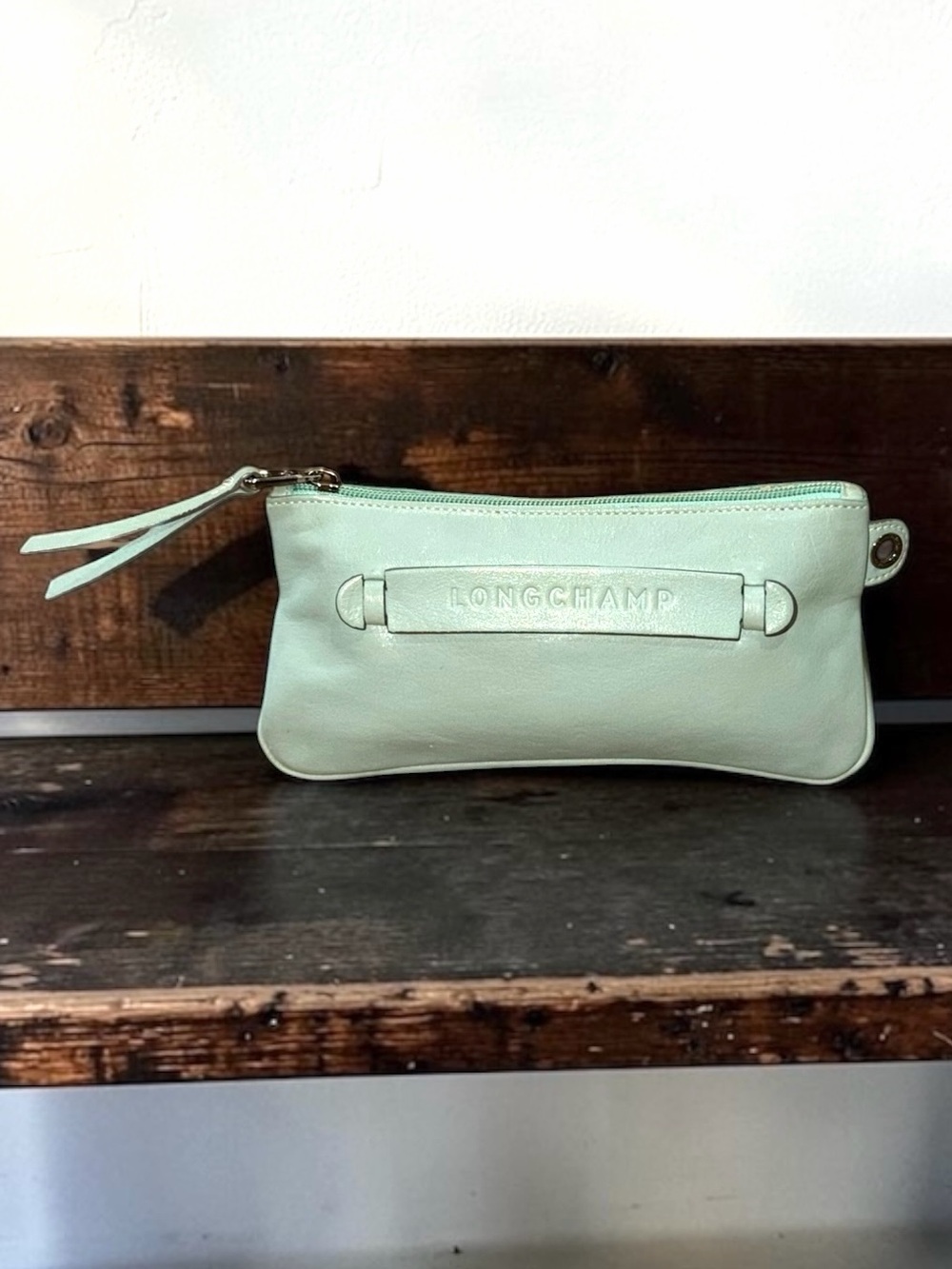 Longchamp Leather Mint Green Makeup Pouch Cosmetic Bag